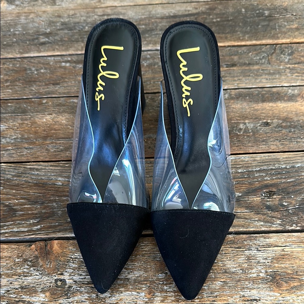Lulus Black and Clear Pointed Mules